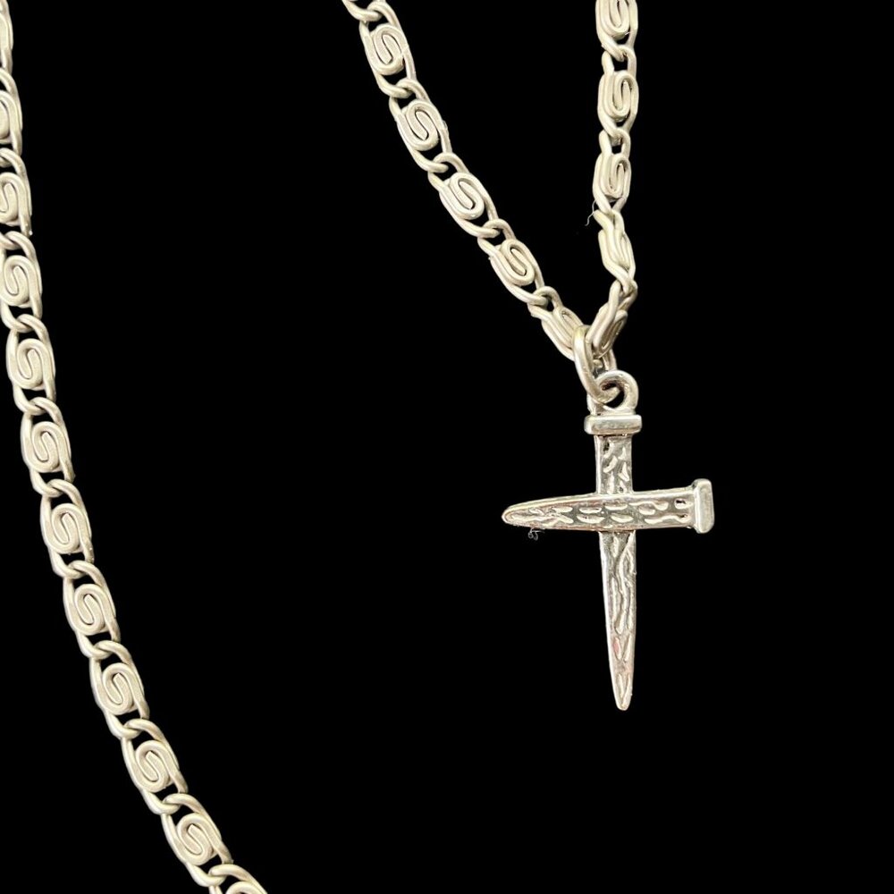 Vintage Nail Cross Pendant and Chain silver tone metal necklace Fancy Link Chain